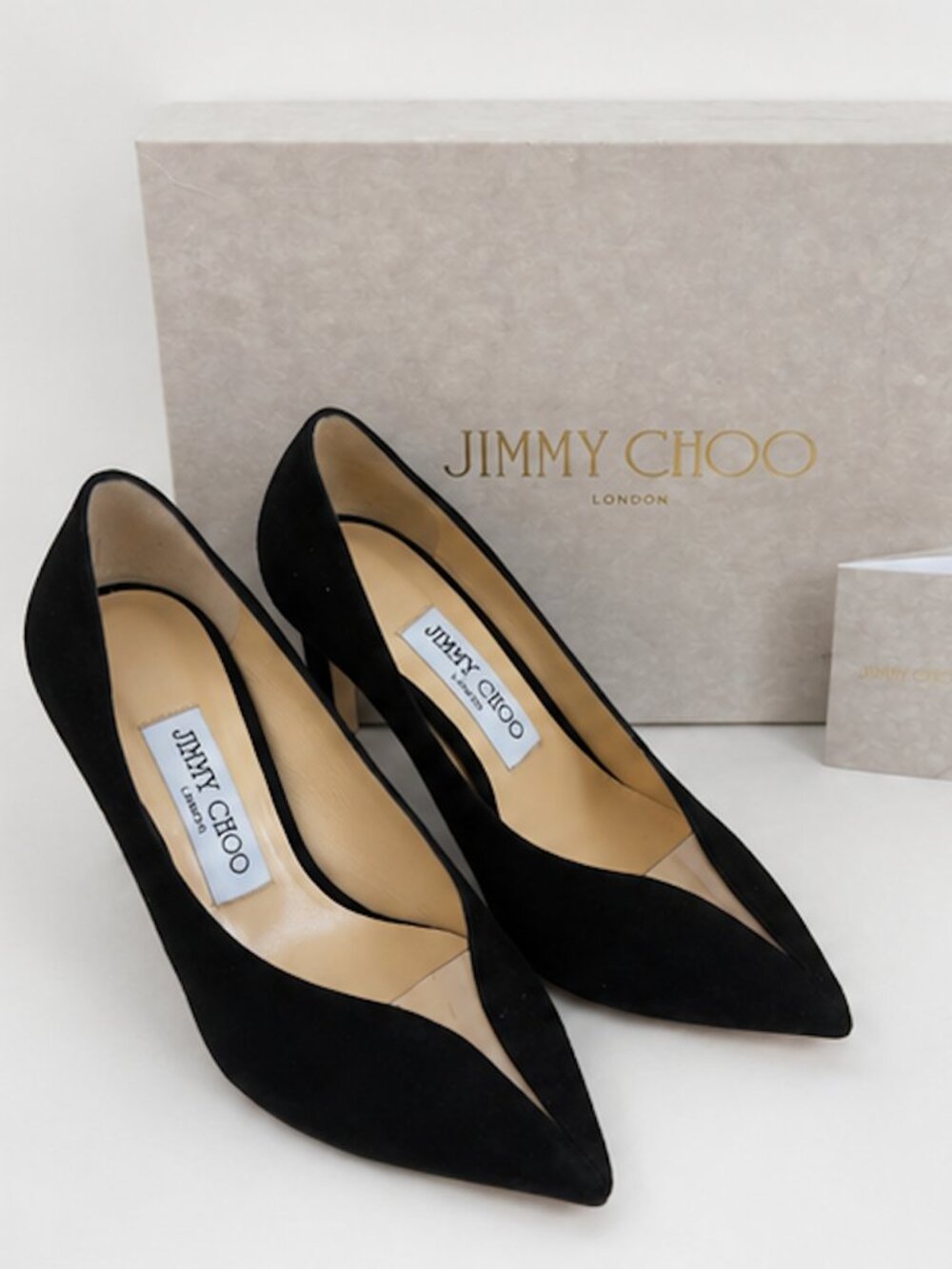 Jimmy Choo Baker 85 Black Suede & Clear PVC Pointed Toe Pumps Size 36 / US 6
